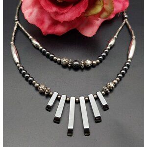 Artisan Double Strand Silver & Hematite Bead Bib Collar Necklace Bar & Rose Bead